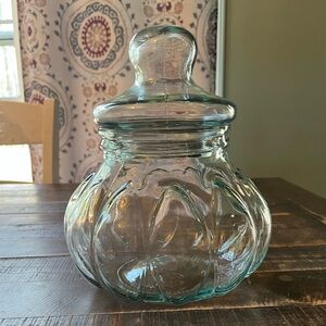 Vintage Clear Teal Glass Pumpkin Shaped Apothecary Jar with Lid- 10 inches
